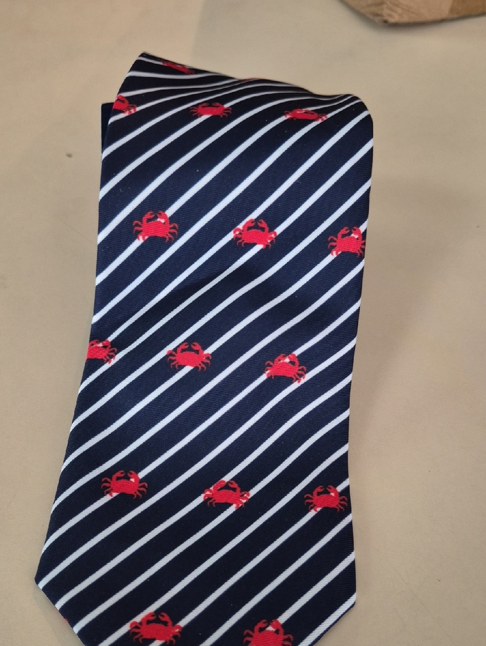Simply Southern Navy and Red Striped Tie with Crab Pattern